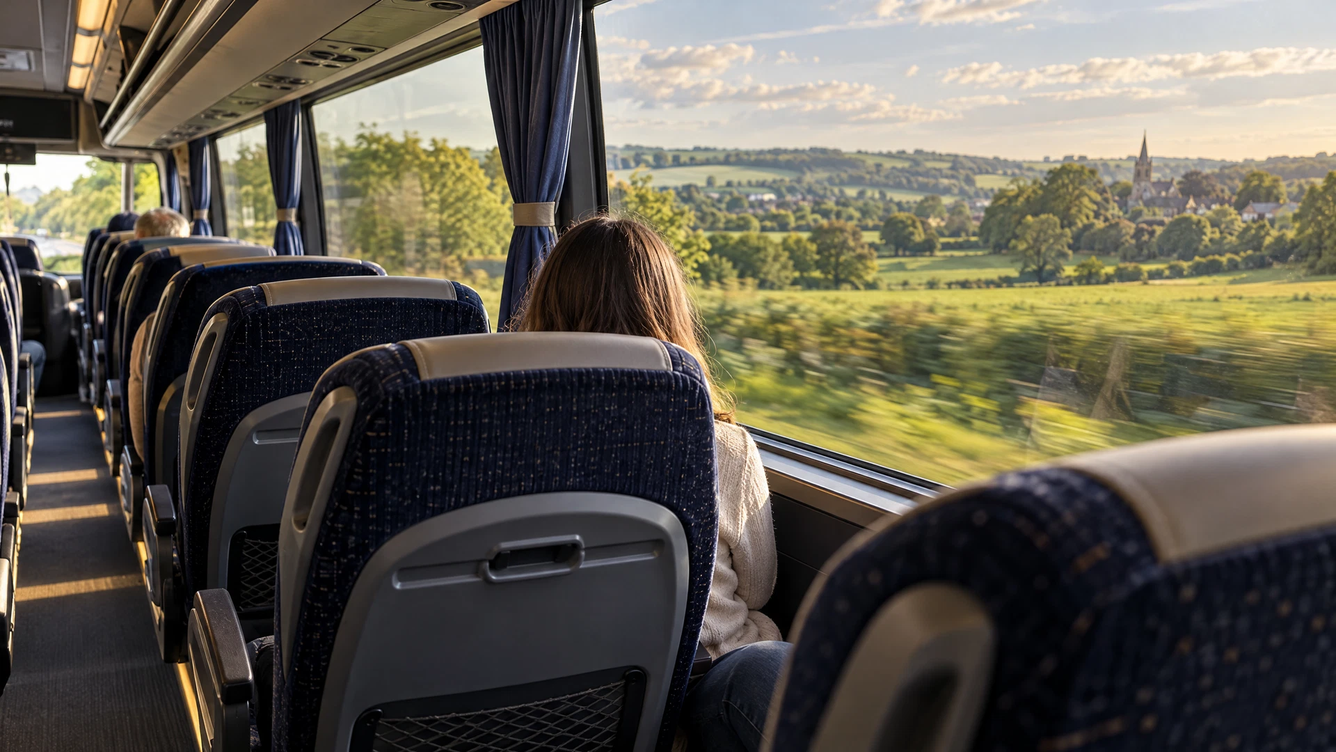 Comfortable interior of a modern coach with English countryside outside